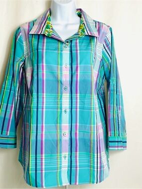 Caribbean Joe Women’s Large Full Button Blue Plaid Long Quarter Sleeves Shirt